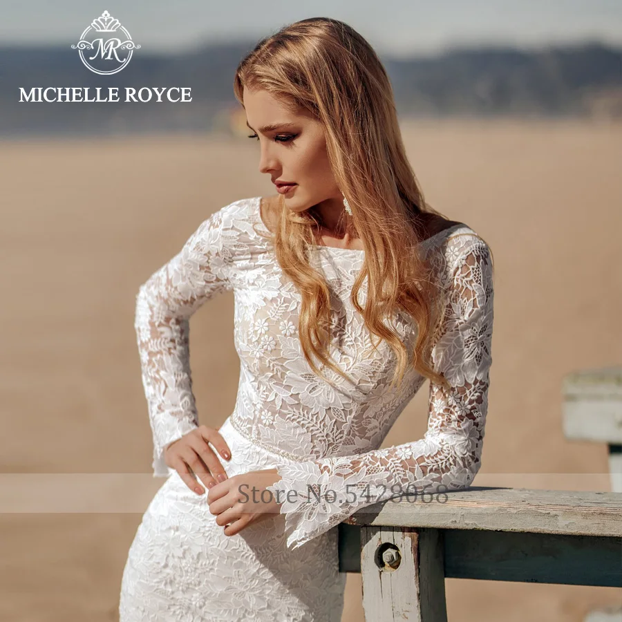 Michelle Royce Mermaid Scoop Long Sleeve Wedding Dresses For Women 2022 Bride Backless Chapel Train Bridal Gown Vestido De Novia