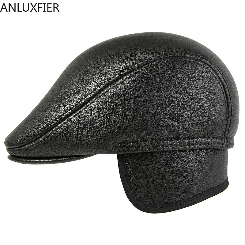 H7591 Genuine Leather Beret Hat Men Middle-aged Goatskin Berets Cap Fall Winter Forward Caps Ear Protective Warm Casual Hats