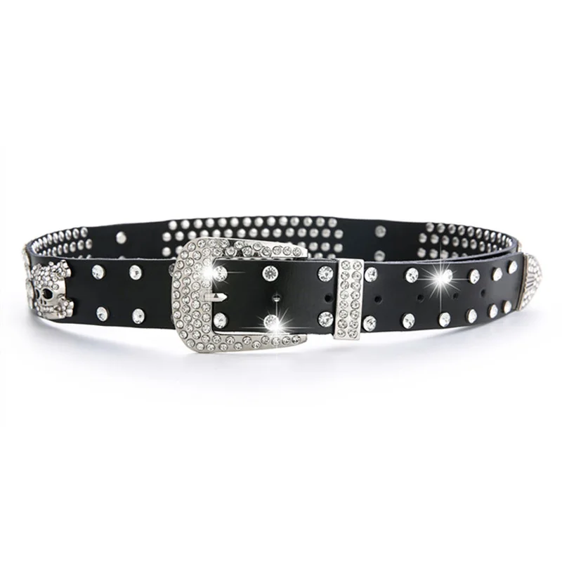 2021 Fashion Retro Casual Vintage Punk Style Black Skull Pattern Real Cowhide Rivet Femme Metal Chain Neutral Belt for Womens