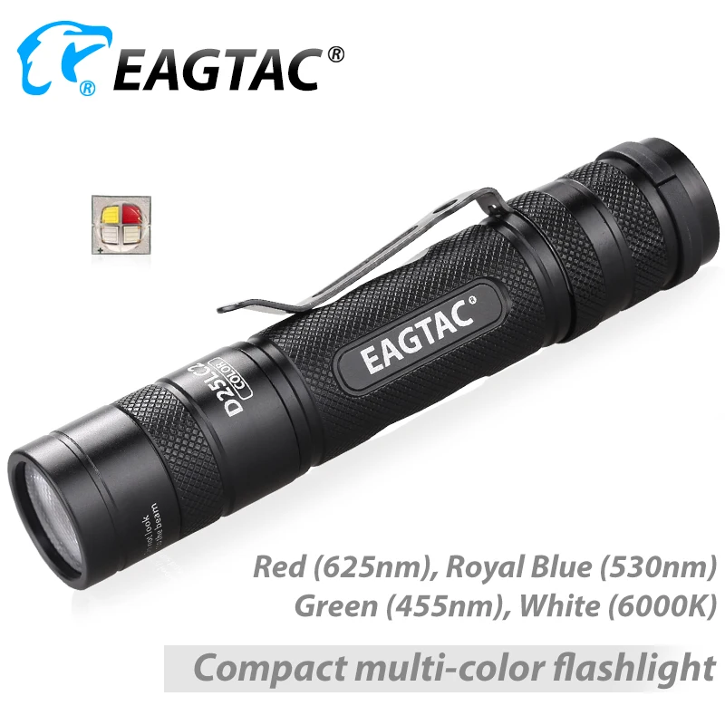 EAGTAC D25LC2 COLOR Red Green Blue White Tactical XML LED Flashlight 3 Modes Strobe Hunting Torch 18650 CR123A Battery