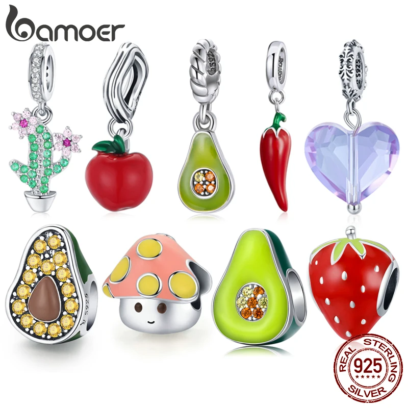 

bamoer 925 Sterling Silver Jewelry Green Enamel Avocado Fruit Charm for Original Silver Bracelet 3mm Women Jewelry Making BSC129