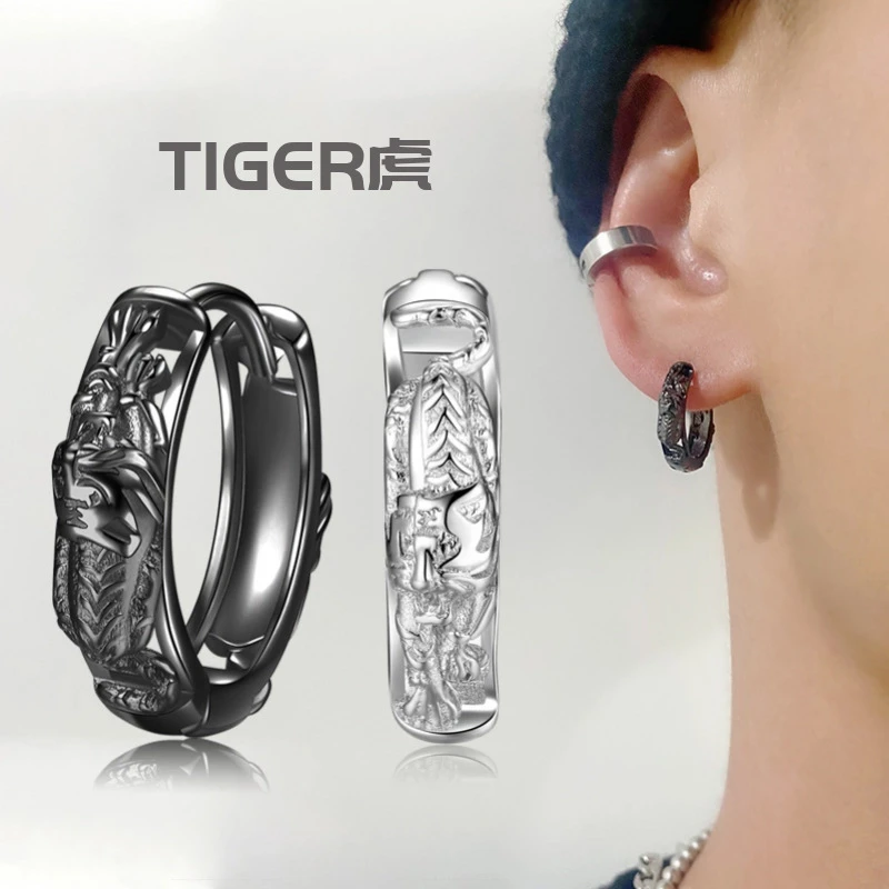 KOFSAC New Fashion Hip Hop Rock Creative Tiger Hoops Lovers Jewelry 925 Sterling Silver Earrings For Men Women Party Accessories