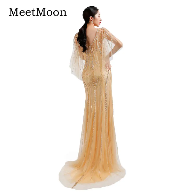 MeetMoon – Robe De soirée De forme sirène, luxueuse tenue De soirée De standing, dorée, perlée, célébrité, spectacle De dubaï, châle