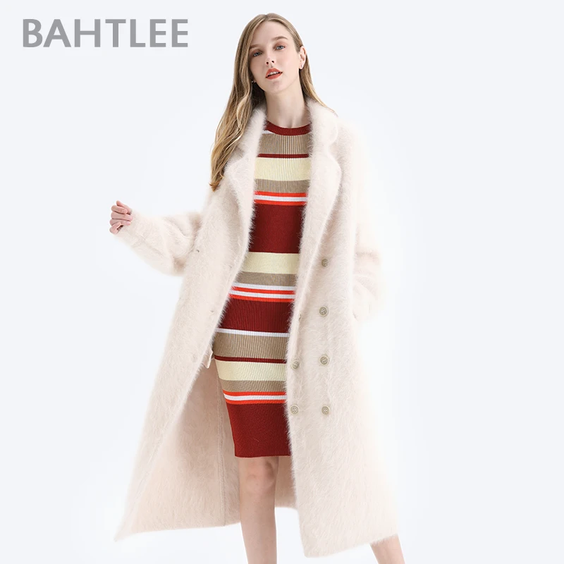 BAHTLEE-Women\'s Angora Double Breasted Long Coat, Wool Knitted Cardigans, Jumper, Turn Down Collar, Lantern Sleeves, Winter