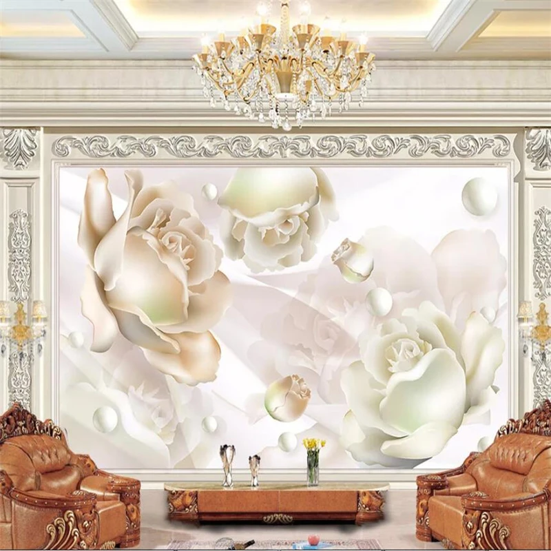 wellyu Customized large murals fashion home decoration romantic white rose pearl satin living room wedding room wall