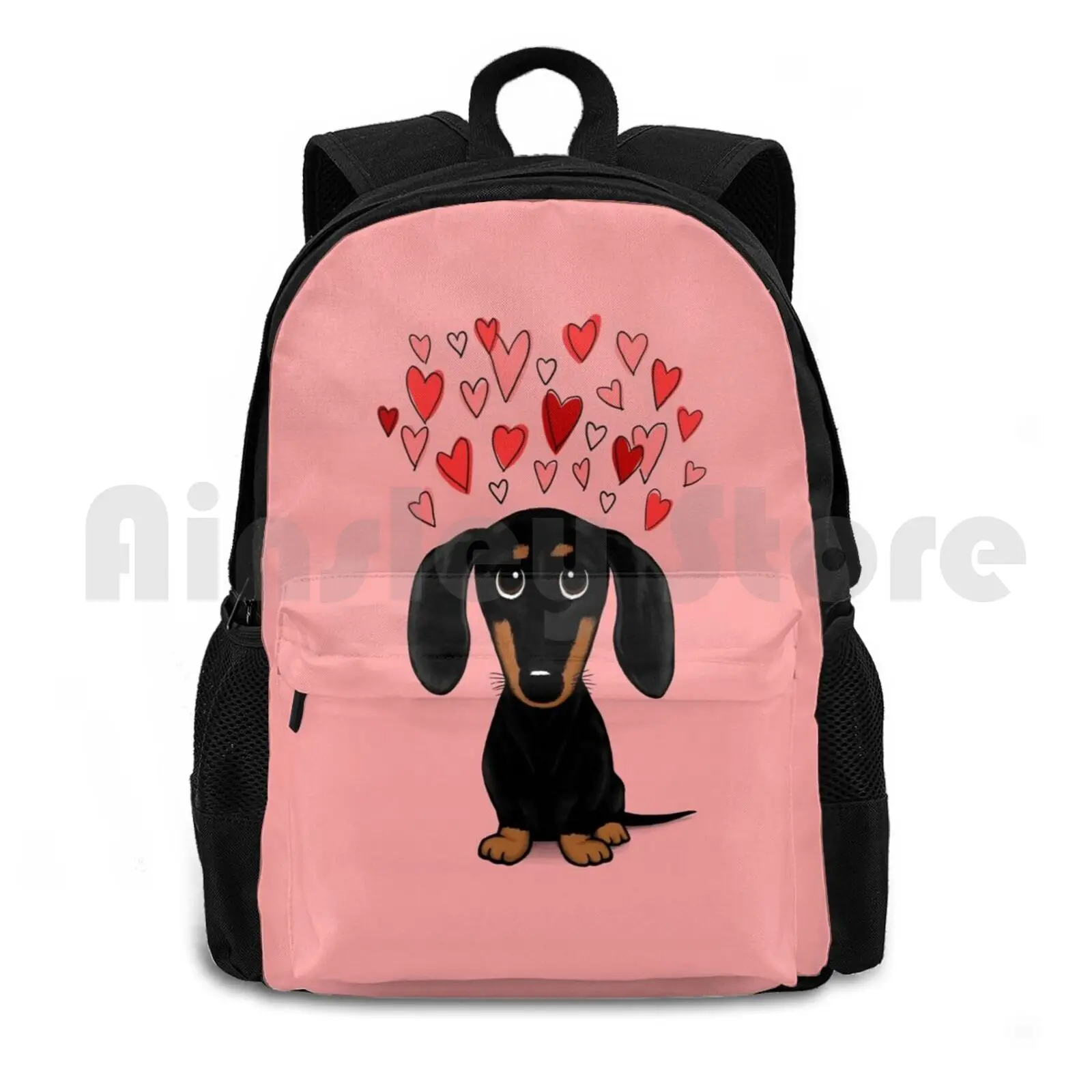 

Black And Tan Dachshund With Valentine Hearts Cute Cartoon Wiener Dog Outdoor Hiking Backpack Waterproof Camping Travel