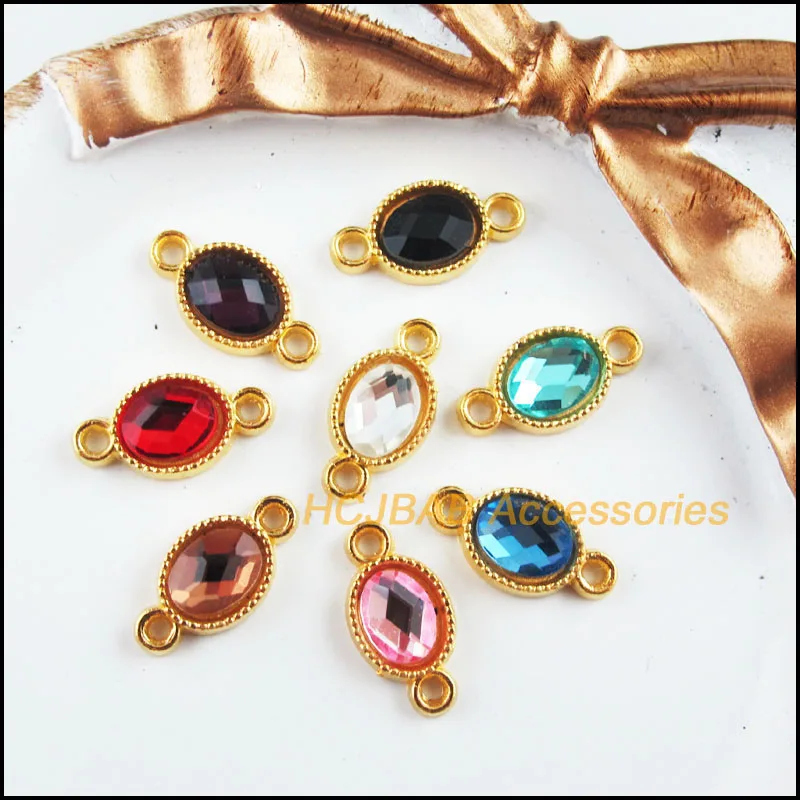 16Pcs Gold Plated Retro Oval Mixed Crystal Charms Connectors 8.5x16.5mm