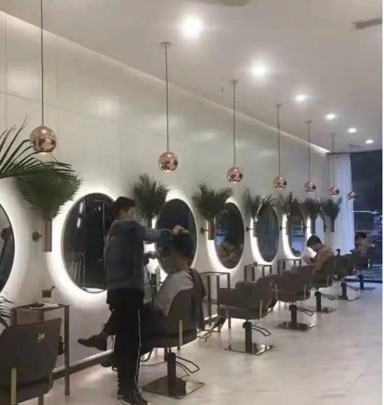 Web celebrity hair care led with light mirror barbershop hair salon dedicated single Japanese round mirror hair cutting and dyei