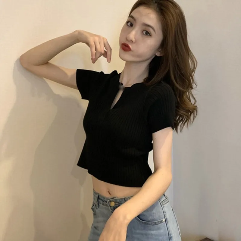 

Women's Tops Round Neck Solid Exposed Navel Slim Casual Knitted Short Sleeve T-Shirt New Hot Sale