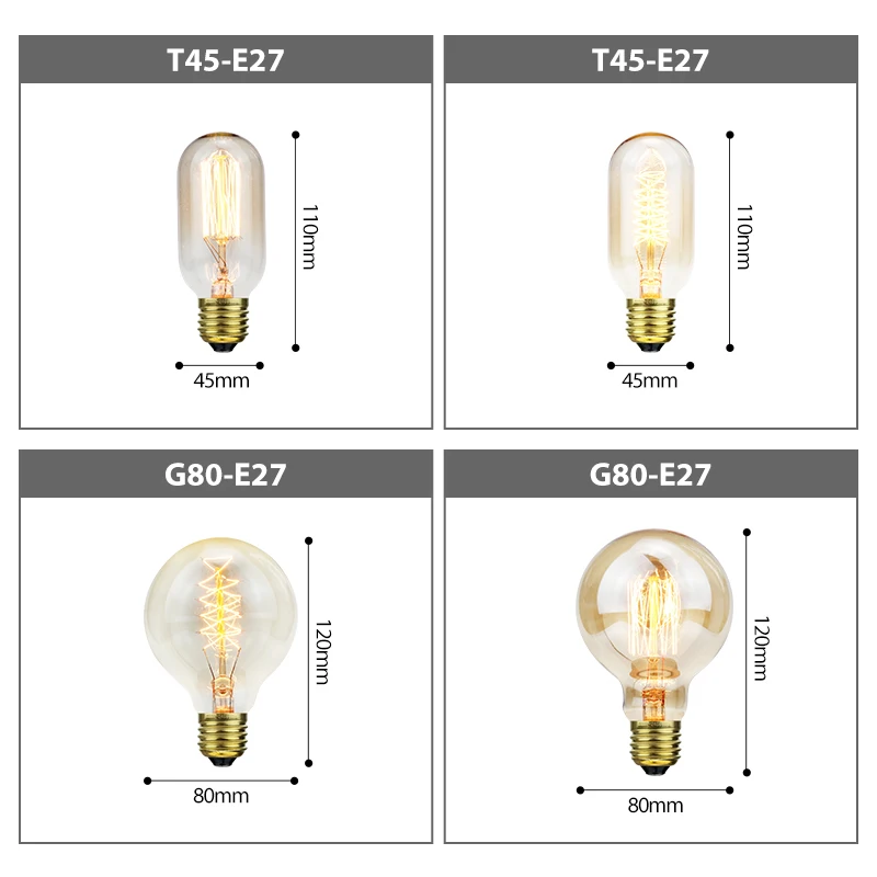 Incandescent Edison Bulb E27 40W Retro Lamp 220V ST64 A19 T45 T10 T185 G80 G95 Ampoule Vintage Bulb Edison Filament Light bulb