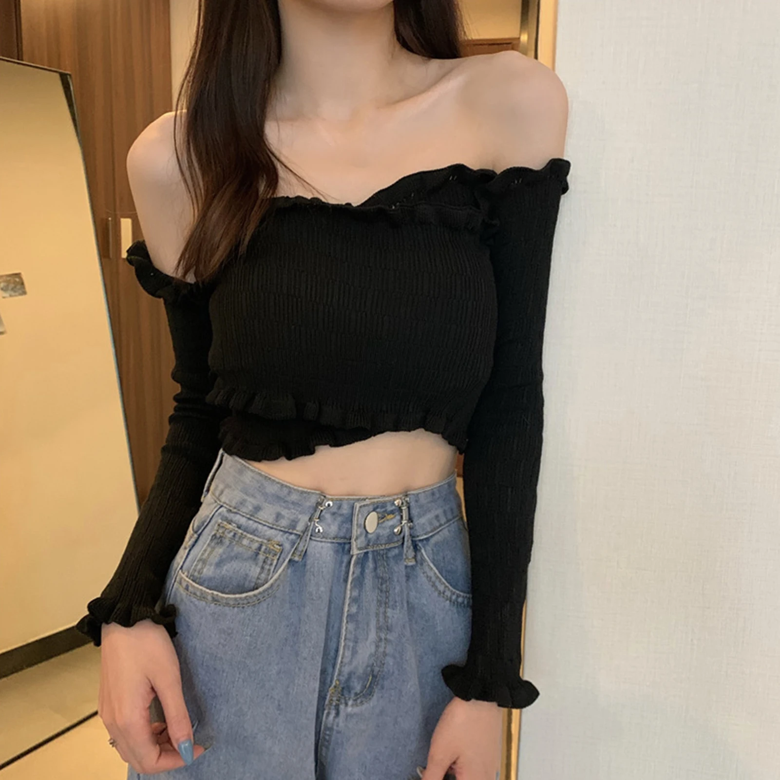 Autumn summer tops for women 2021 blouse Sexy Lace Neckline Off Shoulder Knitted Blouse Long Sleeve women blouse office lady