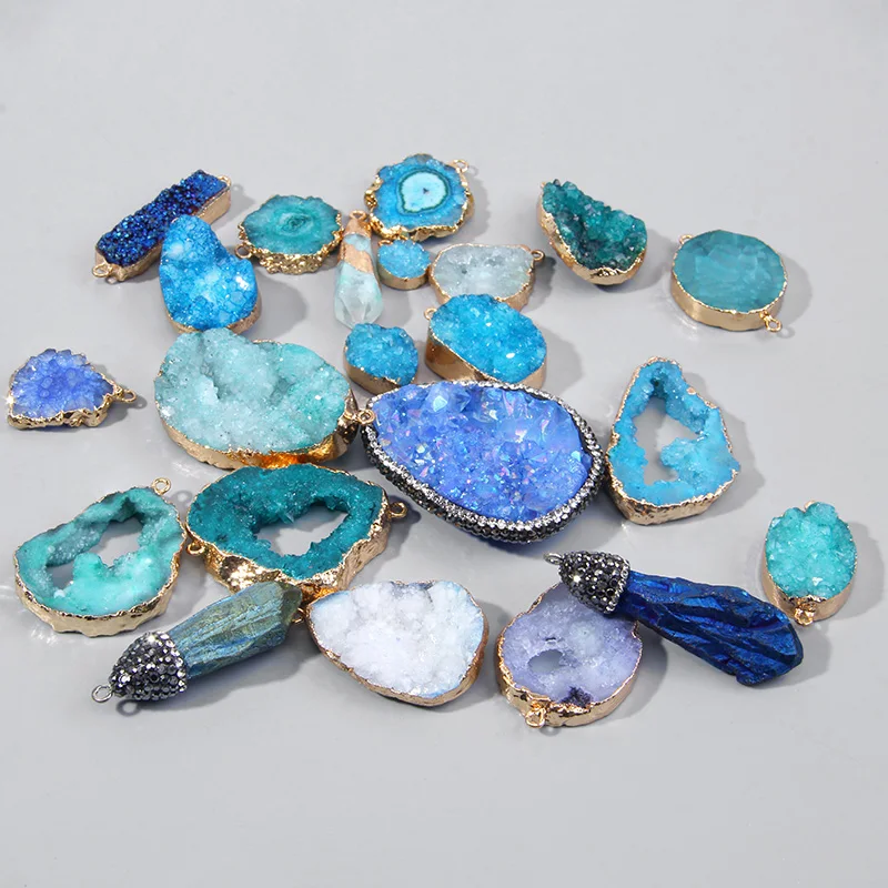 1PC Natural Blue Druzy Stone Pendant Connecter Metal Mineral Specimen Crystal Agates Slice Pendant Charm Geode Rough For Jewelry