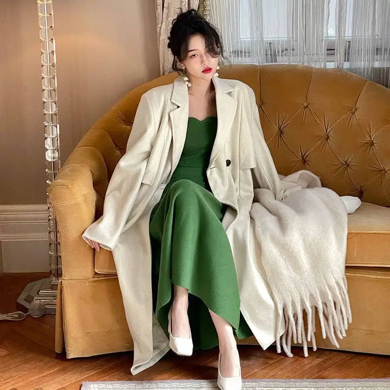 Women Woolen Coat Korean Loose Chic Cashmere Outwear Elegant Long Wool Coat Female Oversized Woolen Blends Overcoat Fall Winter