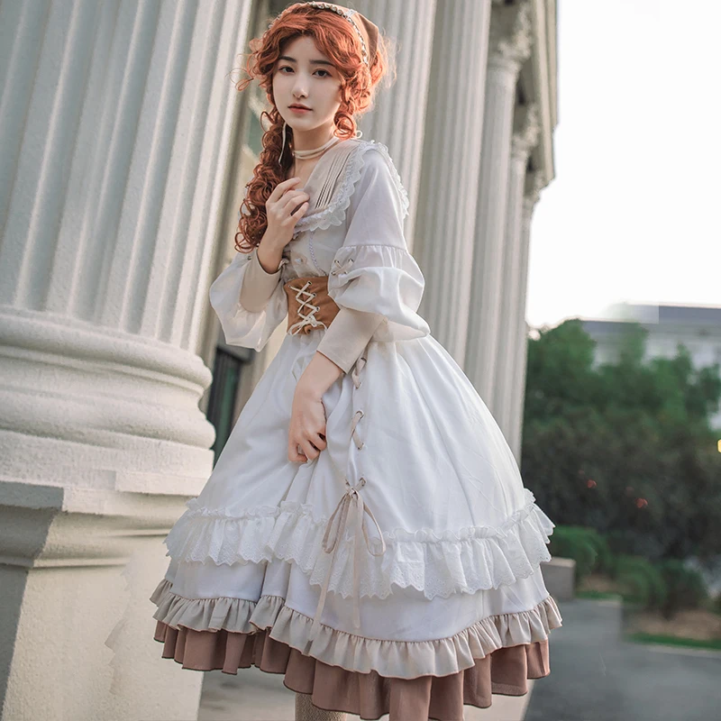 เจ้าหญิง Tea Party Sweet Lolita Vintage ลูกไม้ Bowknot น่ารักพิมพ์ชุดวิคตอเรีย Kawaii สาว Gothic Lolita Op Loli Cos