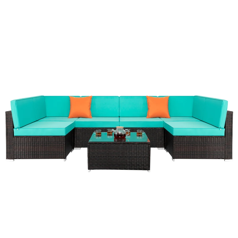 7Pcs Patio Furniture Set Modular Sofa Include 2 Corner Sofa 4 Armless Sofa 1 Coffee Table PE Cane Iron Lake Blue[US-Stock]