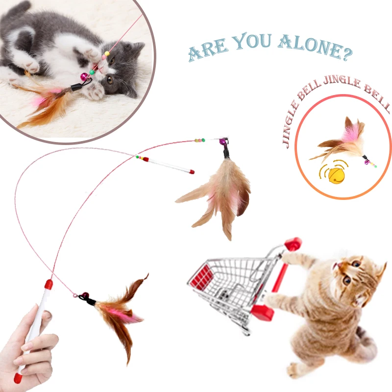 

MZHQ 1PC Colorful Steel Wire Feather Tease Funny Cat Stick Interactive Kitten Toy With Bell Fishing Stick for Kitty Pet Supplies