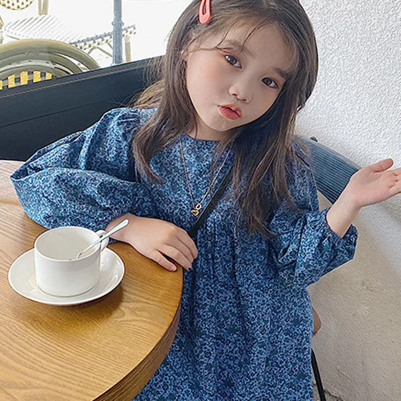 Spring Summer Girls\' Dress Korean Style Long Puff Sleeve Floral Cute Round Neck Dress Baby Kids Children\'S Clothing For Girl