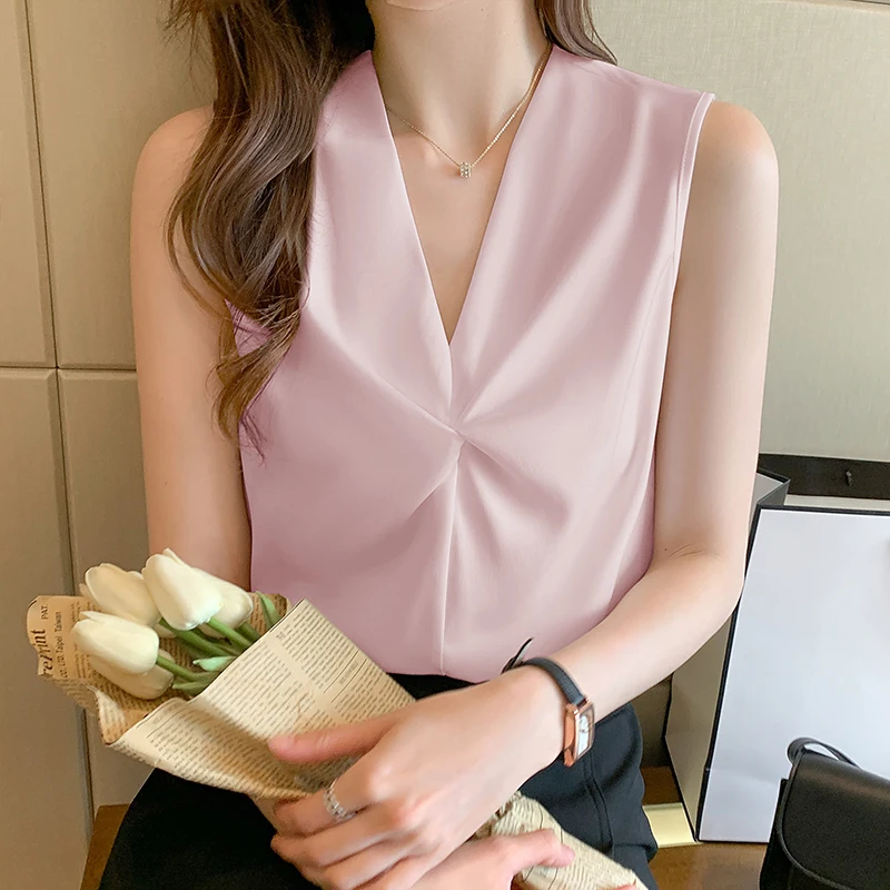 Blouses Femme Summer Sleeveless White Blouse Blusas Mujer Blouse Women 2024 V-Neck Chiffon Blouse Shirt Tops Women Shirts E779