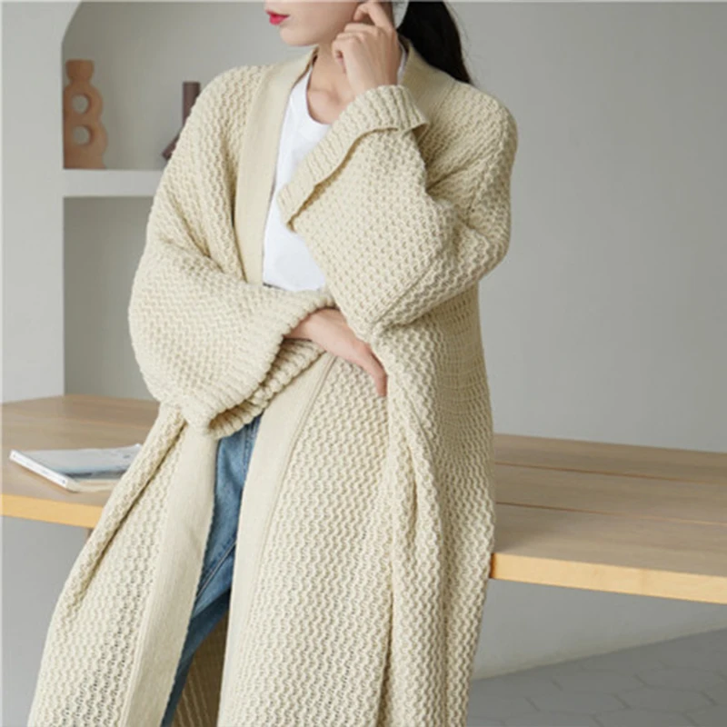 [ZAYAU]Long Large Sweater Coat Women Over the Knee in Autumn and Winter Lazy Loose Oversize Cardigan Solid Color Blue Rice White