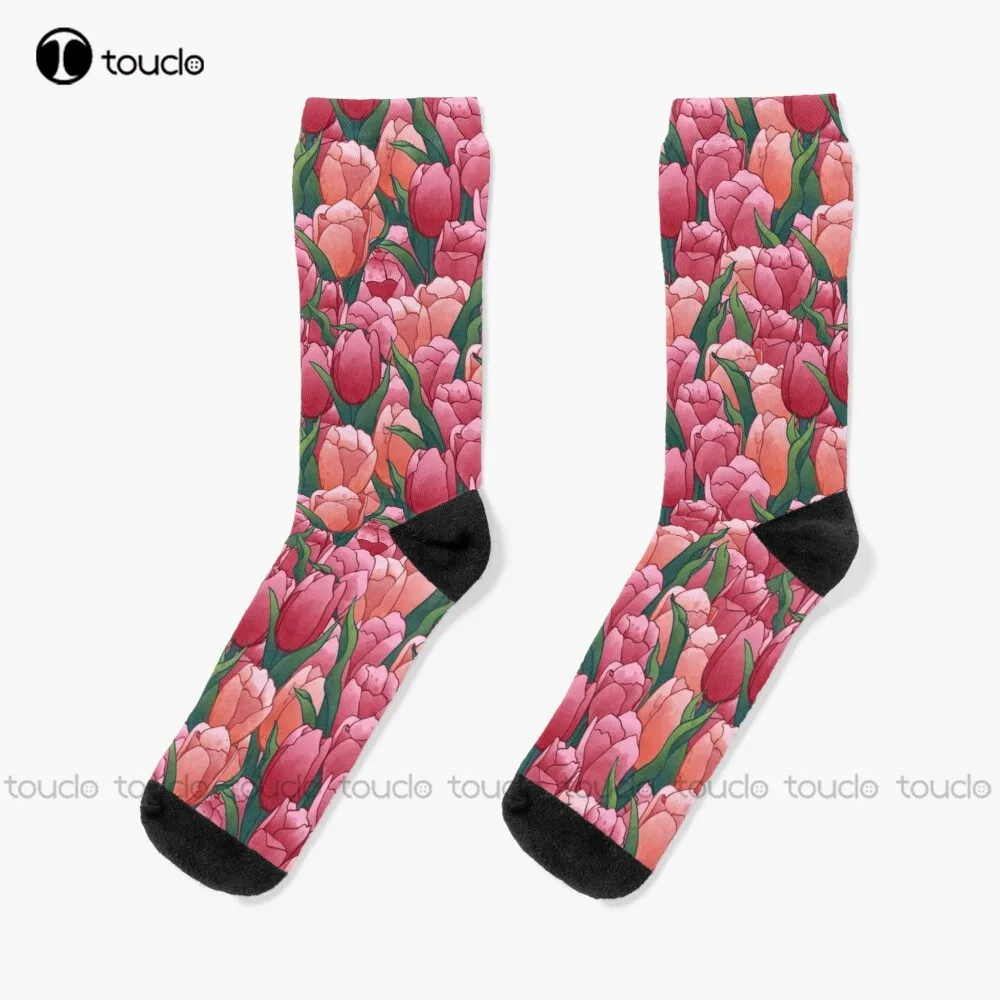 Seamless Beautiful Pink Tulips Patterns - Floral Watercolor Socks Mens Black Socks Christmas New Year Gift Custom Gift Women Men