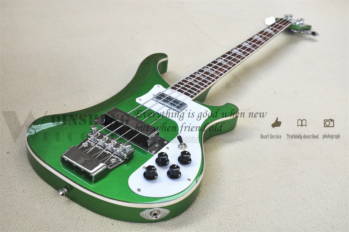 Pre-customized electric guitar bass,4 strings 4003 bass,metal green basswood body fishbone binding  chrome buttons