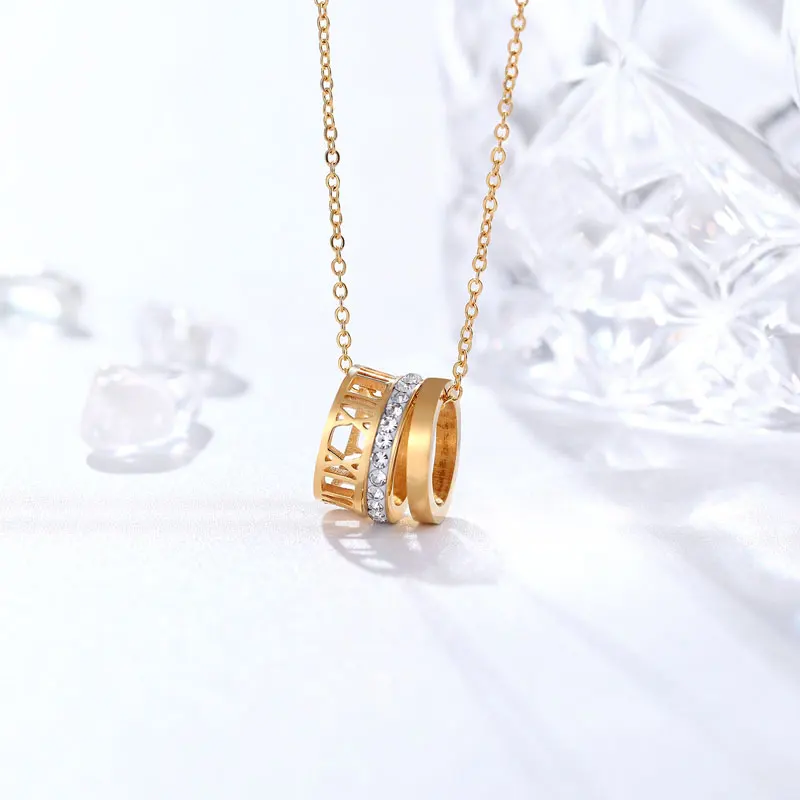 Berühmte Marke Drei Kreise Volle Zirkon Hohl Römische Zahl Anhänger Halskette Edelstahl Schmuck Halskette Frauen Party Geschenk – Detail 6