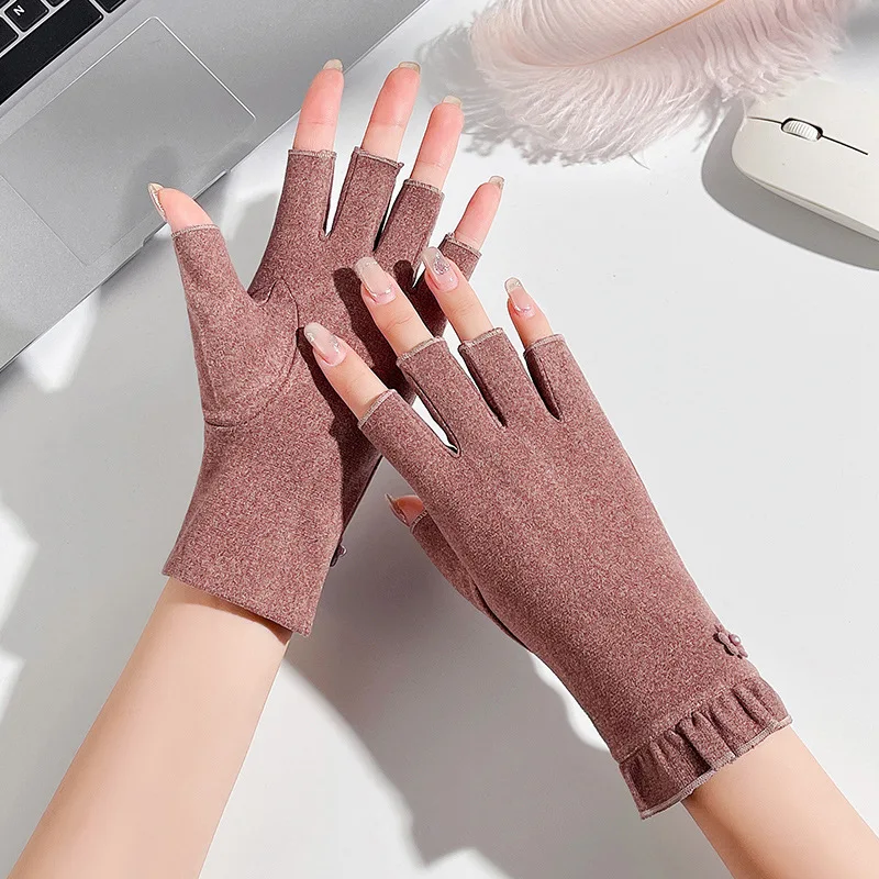 Autumn Winter Women Cotton Warm Touch Screen Half-Finger Gloves Exquisite Embroidery Writing Office Computer Work Drive Cycling