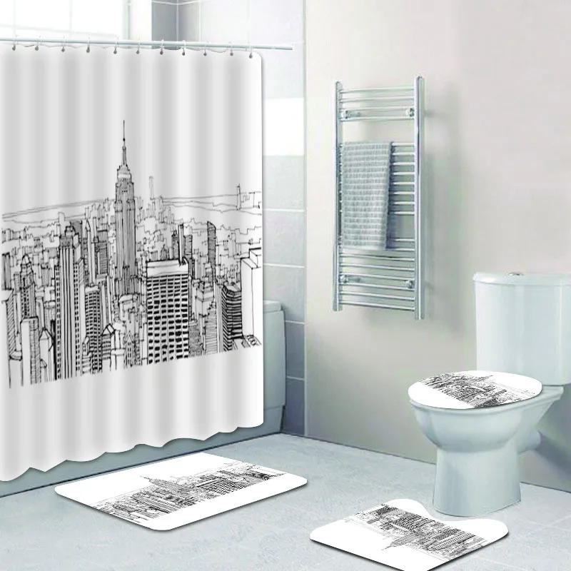 Modern New York City Sketch Drawing Shower Curtain Set New York City Skyline Bath Curtain for Bathroom Mats Rug Carpet Scene Art