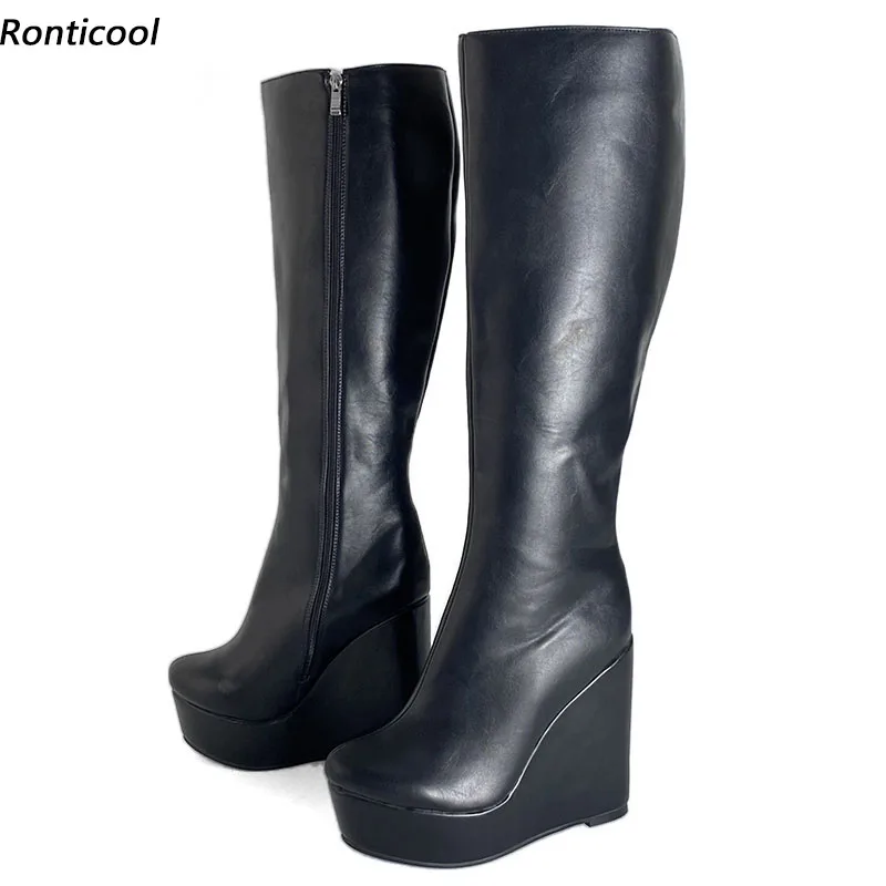 Ronticool New Women Winter Knee Boots Unisex Faux Leather Wedges Heel Round Toe Classic Black Cosplay Shoes Plus US Size 5-20