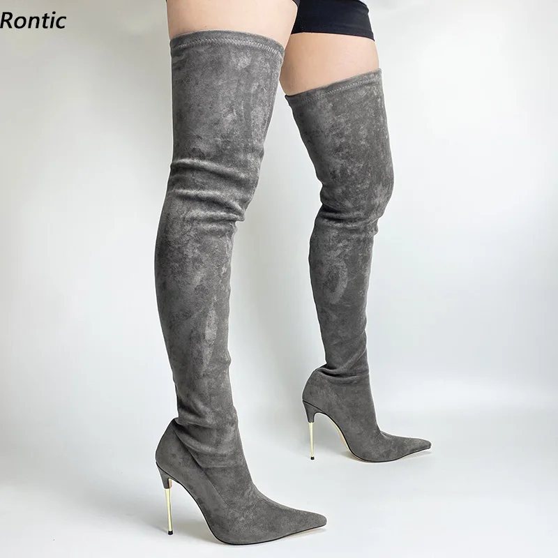 

Rontic Handmade Women Winter Thigh Boots Suede Stiletto Metal Heels Pointed Toe Pretty Grey Purple Red Party Shoes US Size 5-13