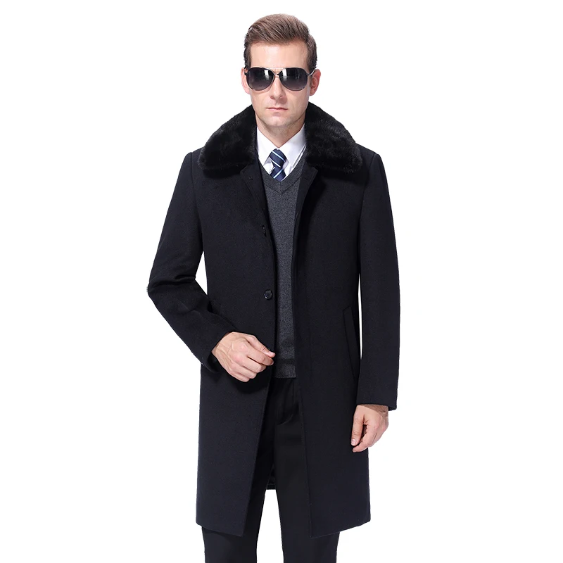 2022 Winter Men Woolen Coat Warm Wool Coat Men Overcoat Cashmere Peacoat Wool Blend Long Jacket Real Rabbit Fur Collar Fur Liner