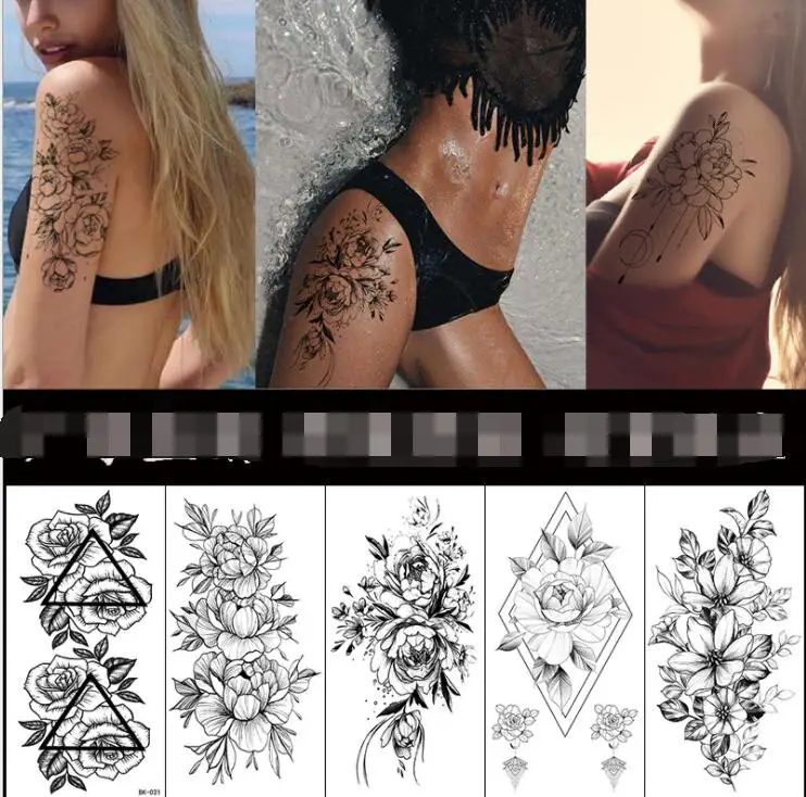 ladies tatoos Flower Girls Temporary Tattoos For Women Waterproof Black Tattoo Stickers 3D Blossom Lady Shoulder DIY Tatoos