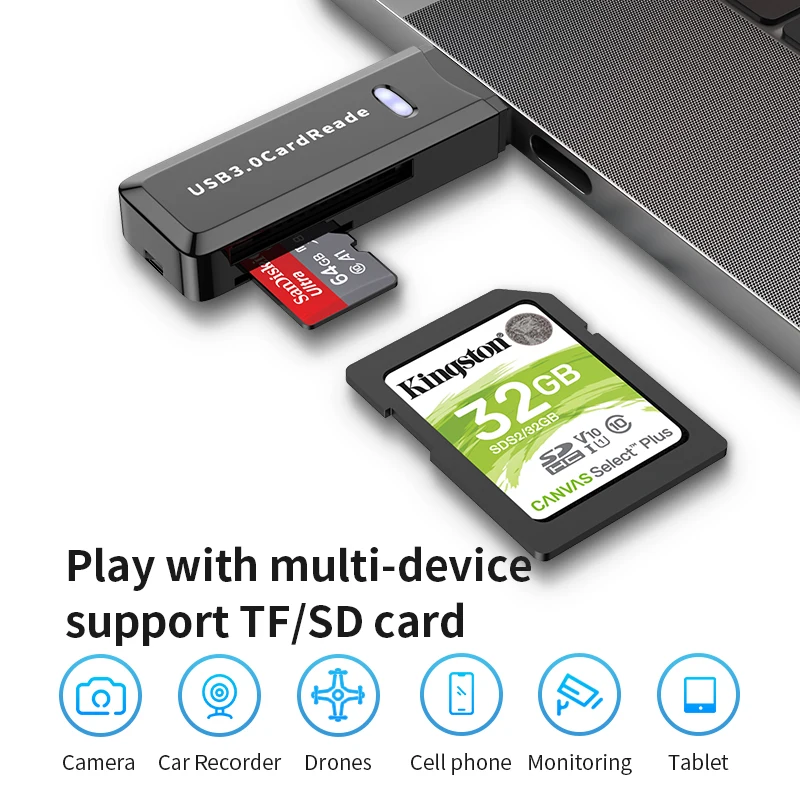 قارئ بطاقات SD محمول USB 3.0 ثنائي الفتحة بطاقة ذاكرة فلاش محول محور ل TF مايكرو SD ل ماك ويندوز لينكس كروم الكمبيوتر المحمول