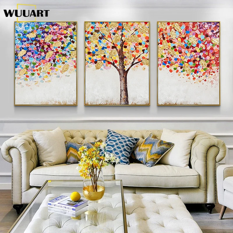 High Quality 3pieces Abstract Oil Painting Hand-painted on Canvas money trees Handmade Modern colorful paintings set on the wall