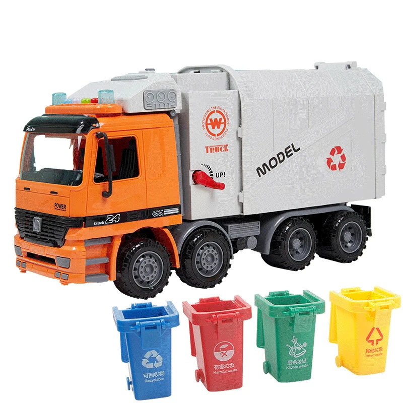 Large Size Children Simulation Garbage Orange Truck Sanitation Car Vehicle Toy Kid toys With 1 Garbage Can Hand cranking Operate