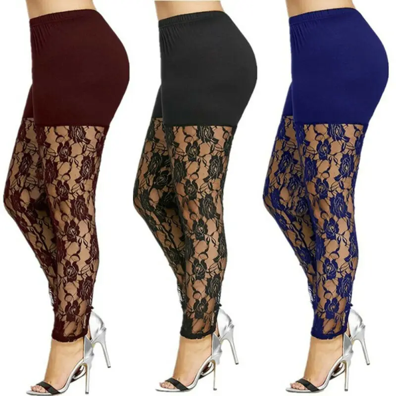 Size 4XL Leggings for Women High Waist Pencil Pants Skinny Lace Hollow Out  Floral Tight Trouser Casual Women Homewear