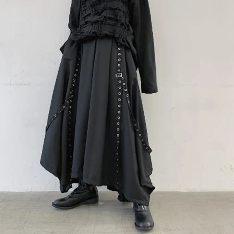 Men Ribbon Dark Black Wide Leg Pants Male Women Japan  Punk Gothic Harem Trousers Kimono Skirt Pants