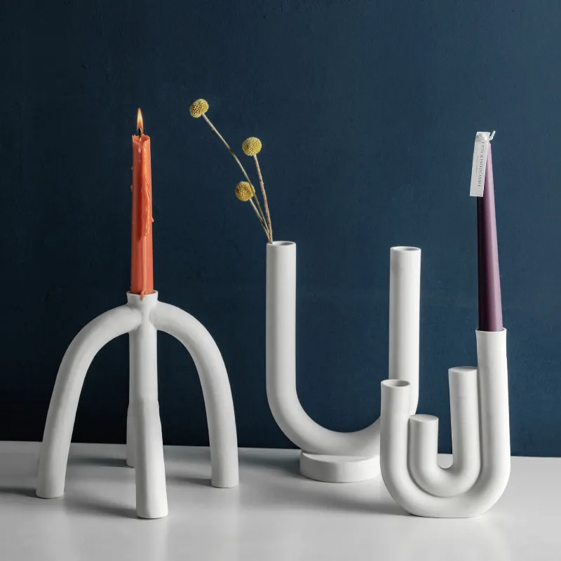 Nordic Scandinavian Style White Ceramic Candlestick Pipe U Shape Candle Holders Modern Candle Stand Home Decor Wedding Ornament