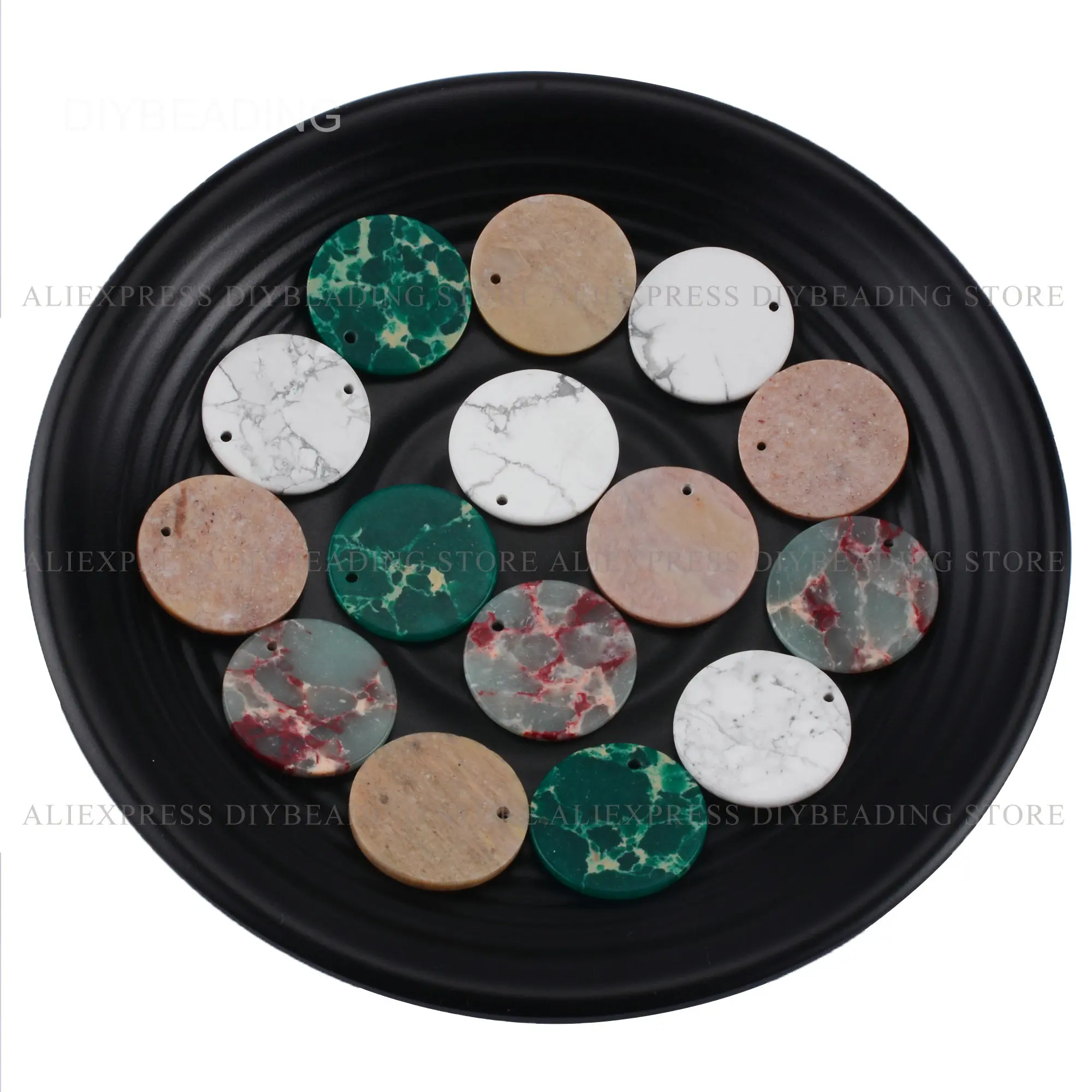 2-50Pc Gemstone Flat Circle Disc Pendant Beads for Necklace Earring 25mm Howlite/Wood Jasper/Imperial Jasper Round Stone(1 Hole)