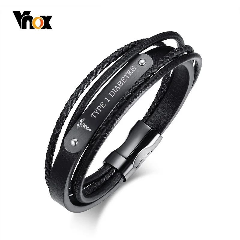 Black Genuine Leather Bracelet Men Jewelry Emergency Free Engraving ICE Medical DIABETES 8.3