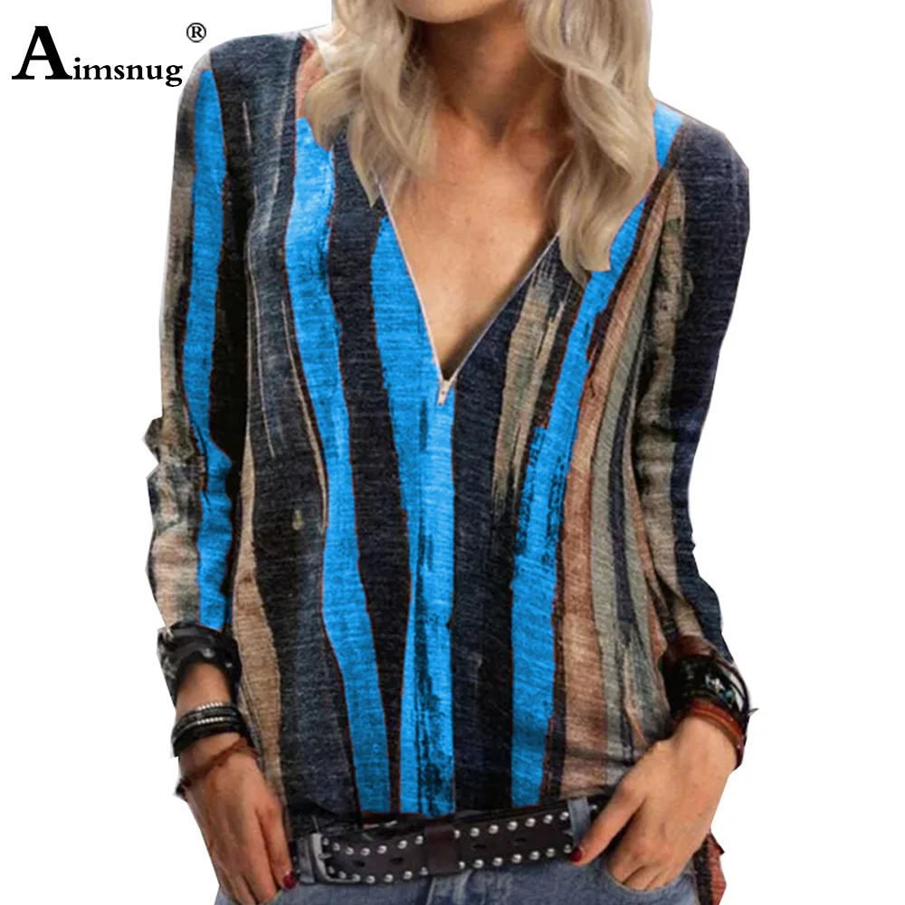 Fashion Tie Dry Striped Print T-shirt Ladies Elegant Leisure Casual Women's Top Zipper 2020 Summer V-neck Tee Shirt Pullovers