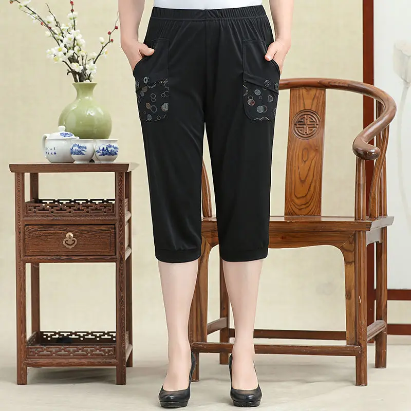 Women Capris Pants 2022 Summer Thin Elastic High Waist Stretch Embroidery Calf-length Harem Mom's Pants Pantalon