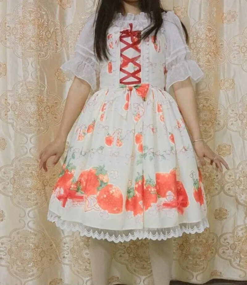 Robe Lolita vintage pour filles, imprimé avec nœud papillon à la fraise, mignonne, taille haute, bretelles victoriennes, kawaii, lolita cos loli