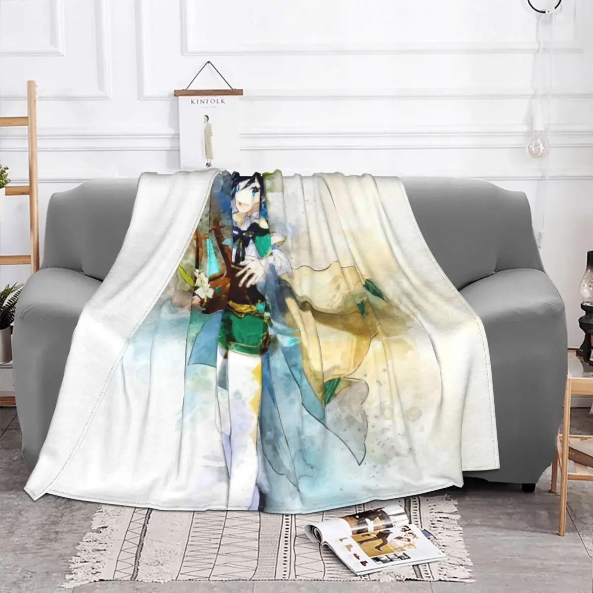 Anime Venti Flannel Blankets Genshin Impact Vintage Throw Blanket for Home Hotel Sofa 125*100cm Plush Thin Quilt