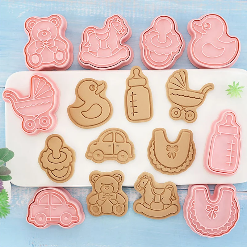 8Pcs Baby Cartoon Cookie Cutter Set Biscuit Mold Baby Toy Bear Stroller Fondant Baking 3D Plastic Cookie Mold Pastry Baking Mold