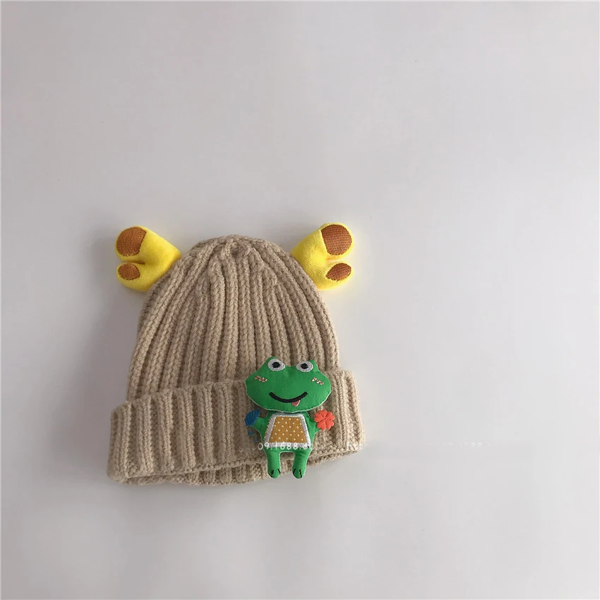 Children's wool hat warm and windproof lovely little frog melon skin hat candy color autumn and winter baby ear protection wool