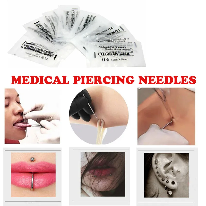 Agujas para Piercing corporal estéril desechable, para ombligo y pezón, nariz, labio, 12g/14g/16g/18g/20g, maquillaje permanente, tatuaje, aguja, 100 Uds.