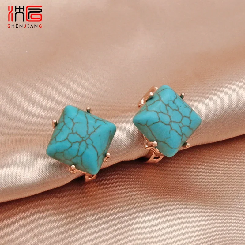 SHENJIANG New Vintage Square Synthetic Turquoises 585 Rose Gold Color Dangle Earrings For Women Wedding Jewelry Fine Gift