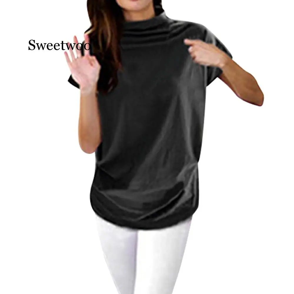 Frauen Casual Rollkragen Kurzarm Baumwolle mädchen Feste Beiläufige Bluse Top Shirt weibliche Plus Größe Solide kleidung mode