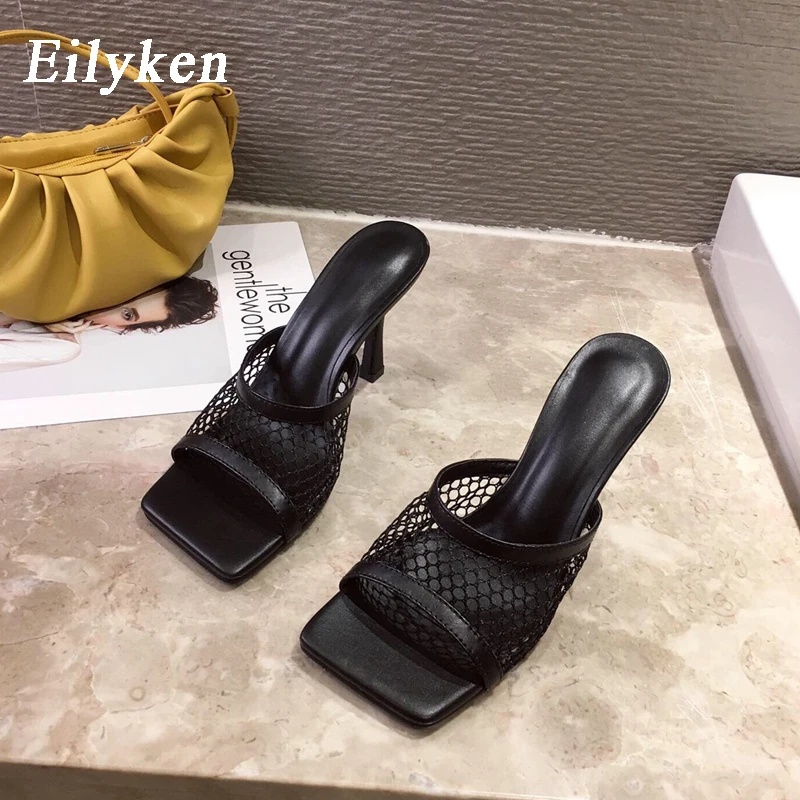 Eilyken New Sexy Square Head Peep Toe High Heel Mesh Slippers Summer Fashion Slip On Slides Women Mules Party Shoes